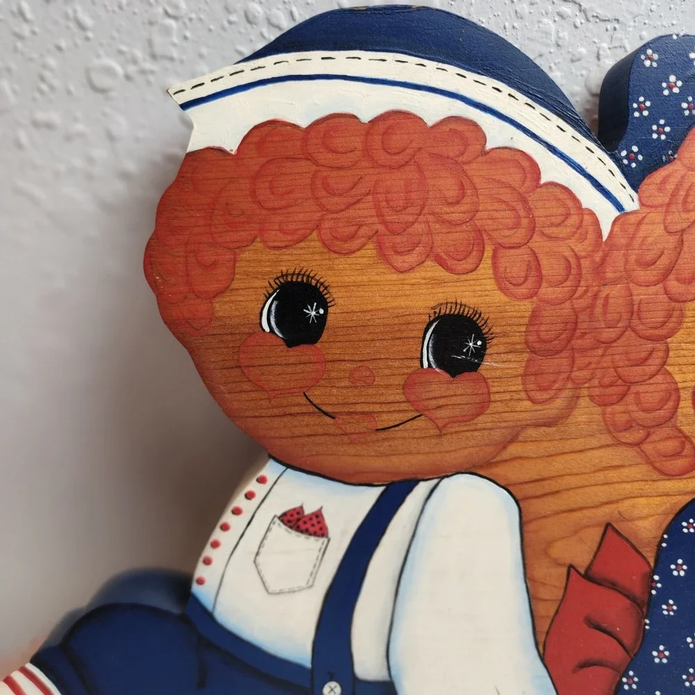 Vintage Wooden Raggedy Ann & Andy Wall Hanger Shelf Red Blue Hearts Rustic Decor